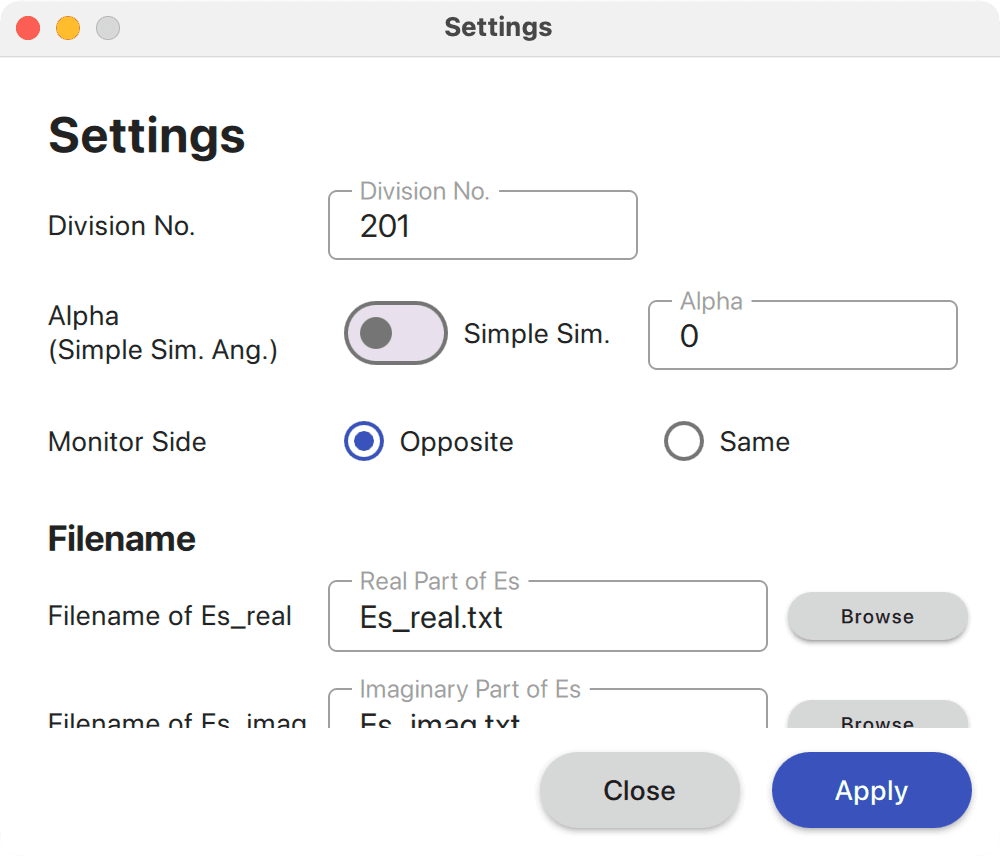 シミュレーション結果解析用アプリケーションの画面です。設定ウインドウが表示されています。