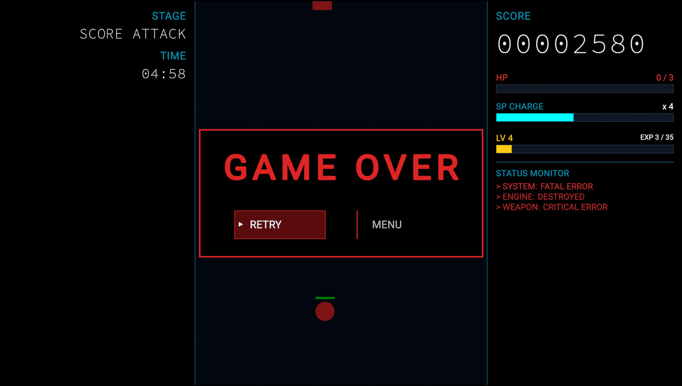 2Dシューティングゲームのゲームオーバー画面です。