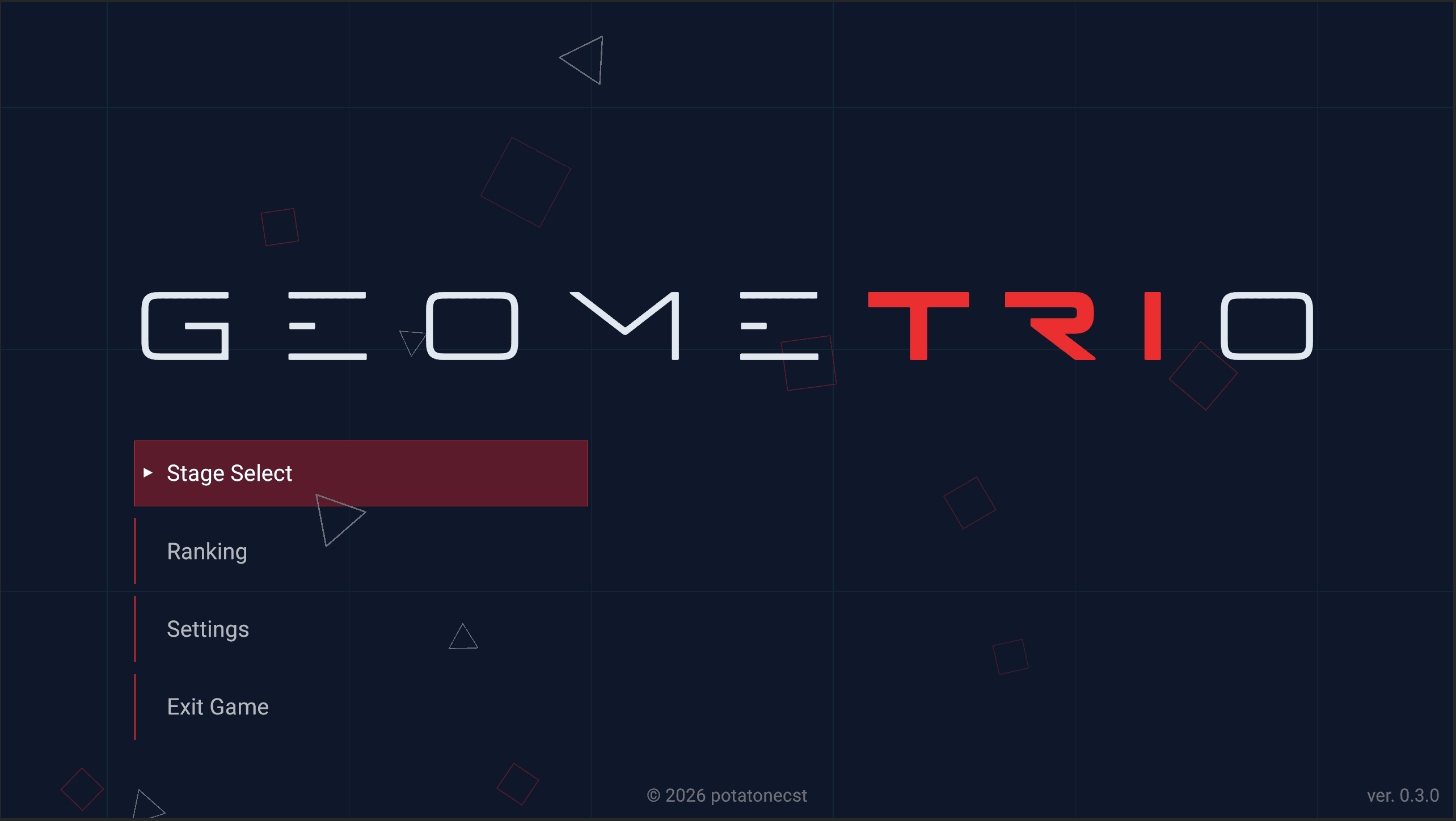 2Dシューティングゲームのメインメニュー画面です。