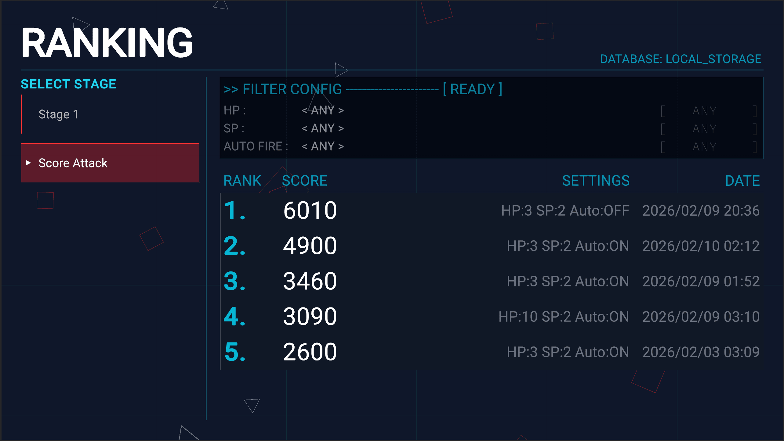2Dシューティングゲームのランキング画面です。