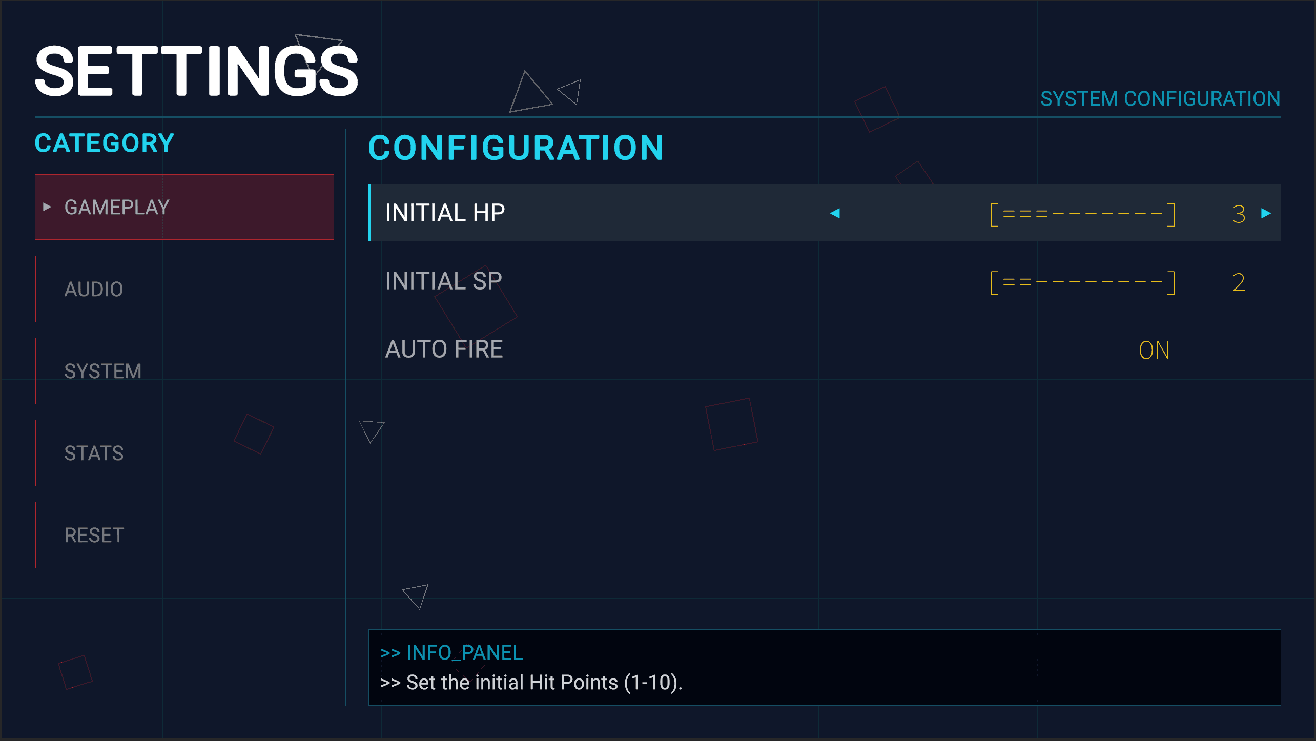 2Dシューティングゲームの設定画面です。