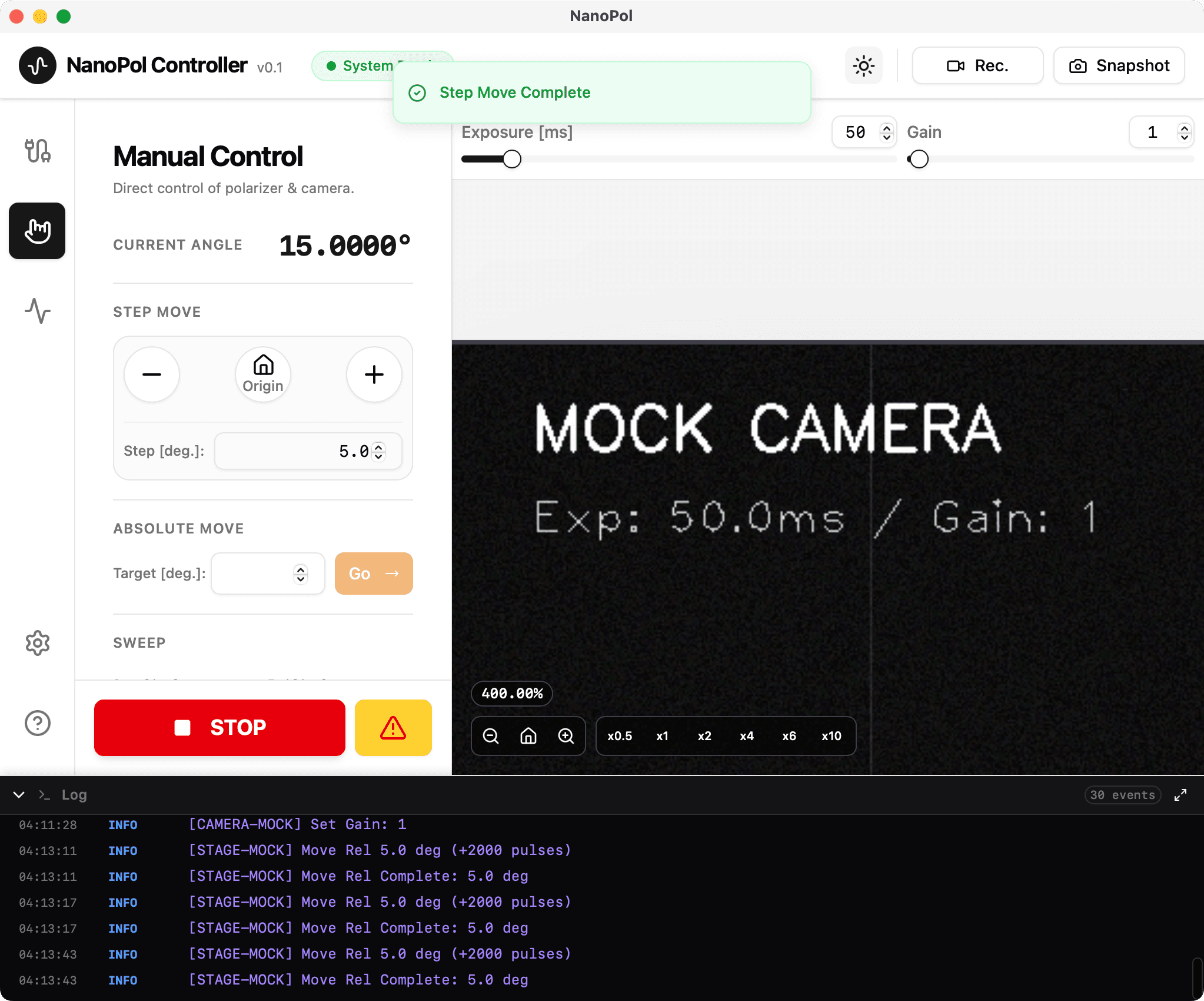 手動で測定装置を操作する画面のモックです。装置を操作すると、上部にToastが表示されます。ログが下側に表示されています。この画像から、ライトモードになっています。
