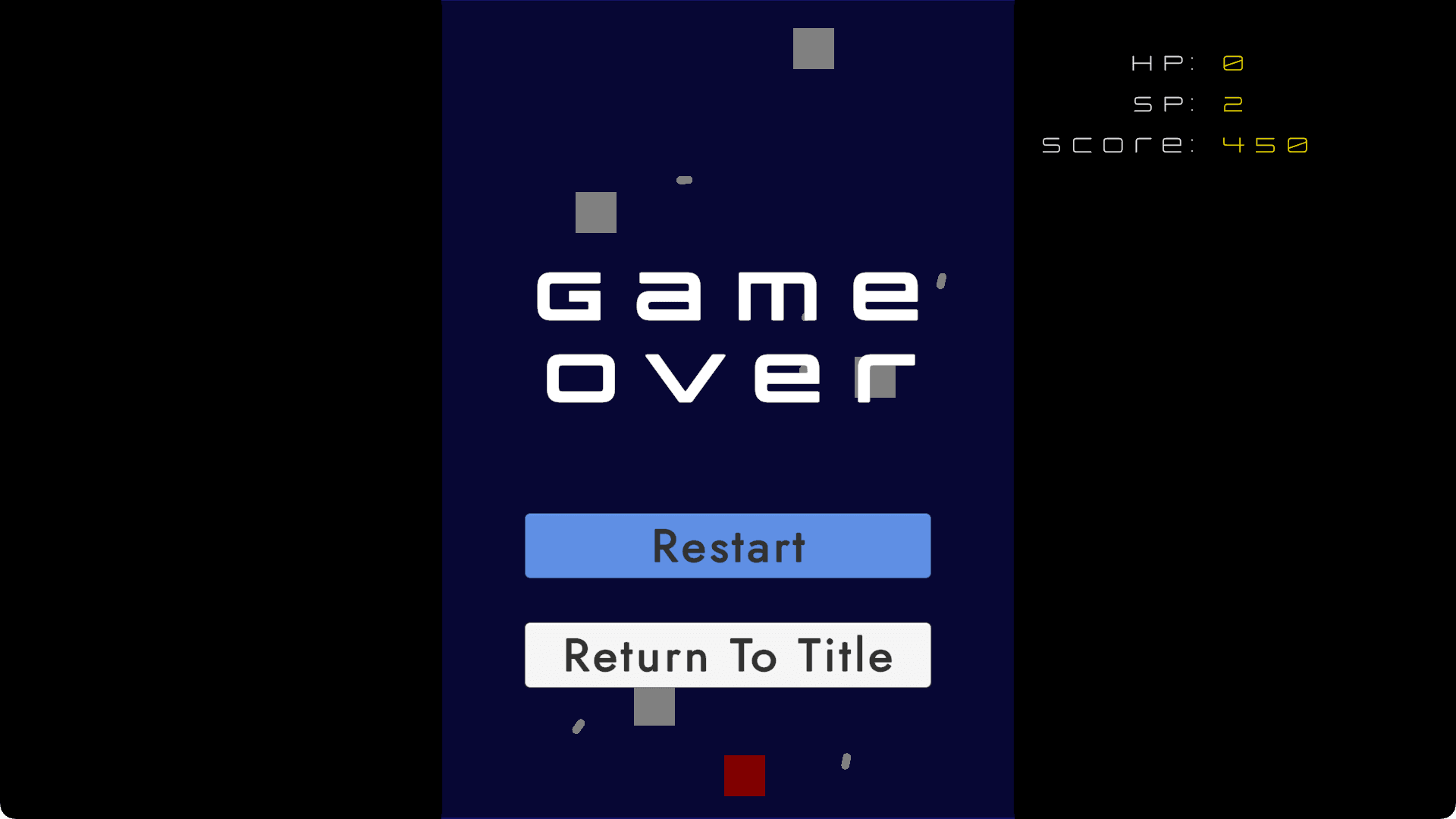 2Dシューティングゲームのゲームオーバー画面です。